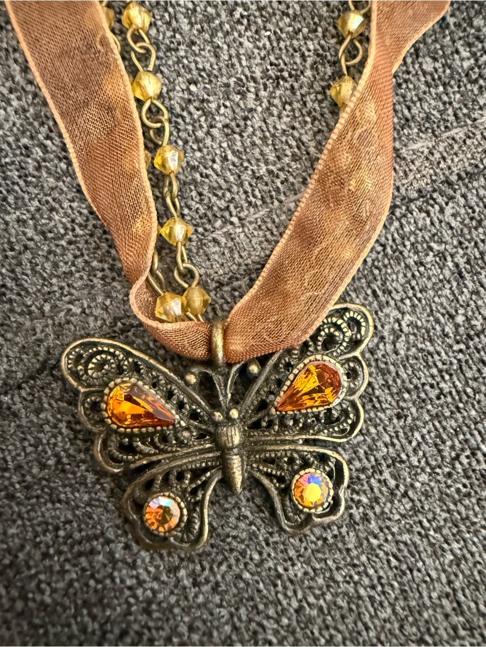 Vintage-Inspired Gold Butterfly Pendant Necklace with Amber Crystals